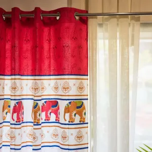 100% Cotton, room darkening premium curtains, Pack of 2 Curtains- Panel Elephants Red