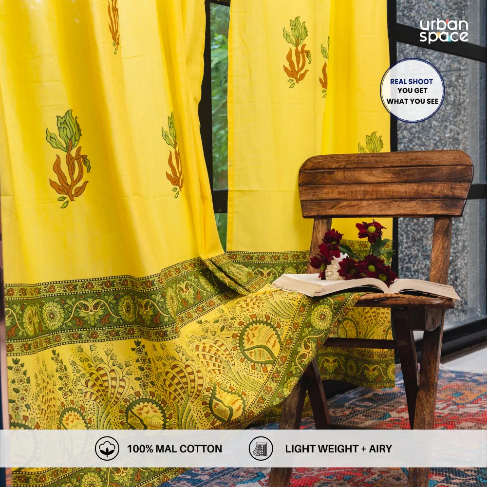 100% MalMal Cotton Curtains, Semi-Transparent with Tab Top, Pack of 2 Curtains - Indian Summer Yellow