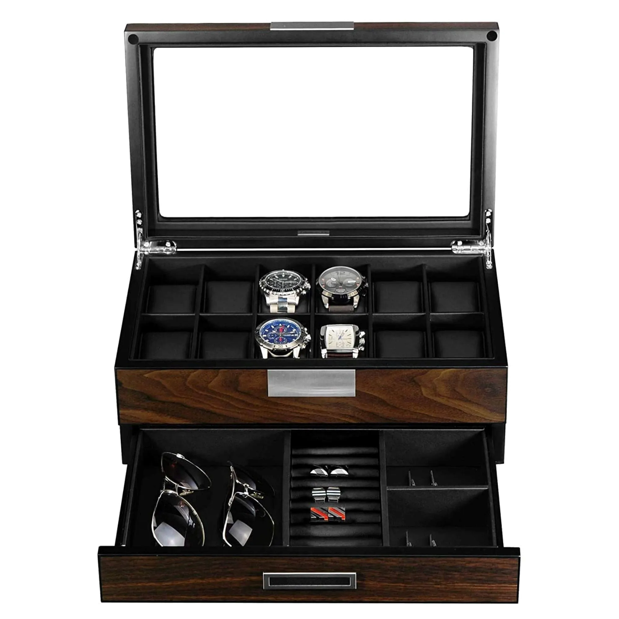 12 Slots Watch Box with Drawer in Ebony Wood