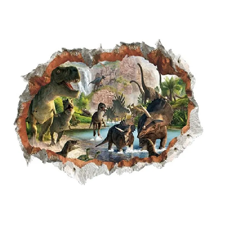 3d Dinosaurs Through The Wall Stickers Jurassic Park Home Decor Living Rooms Posters For Kids Room Wall Decal Sticker