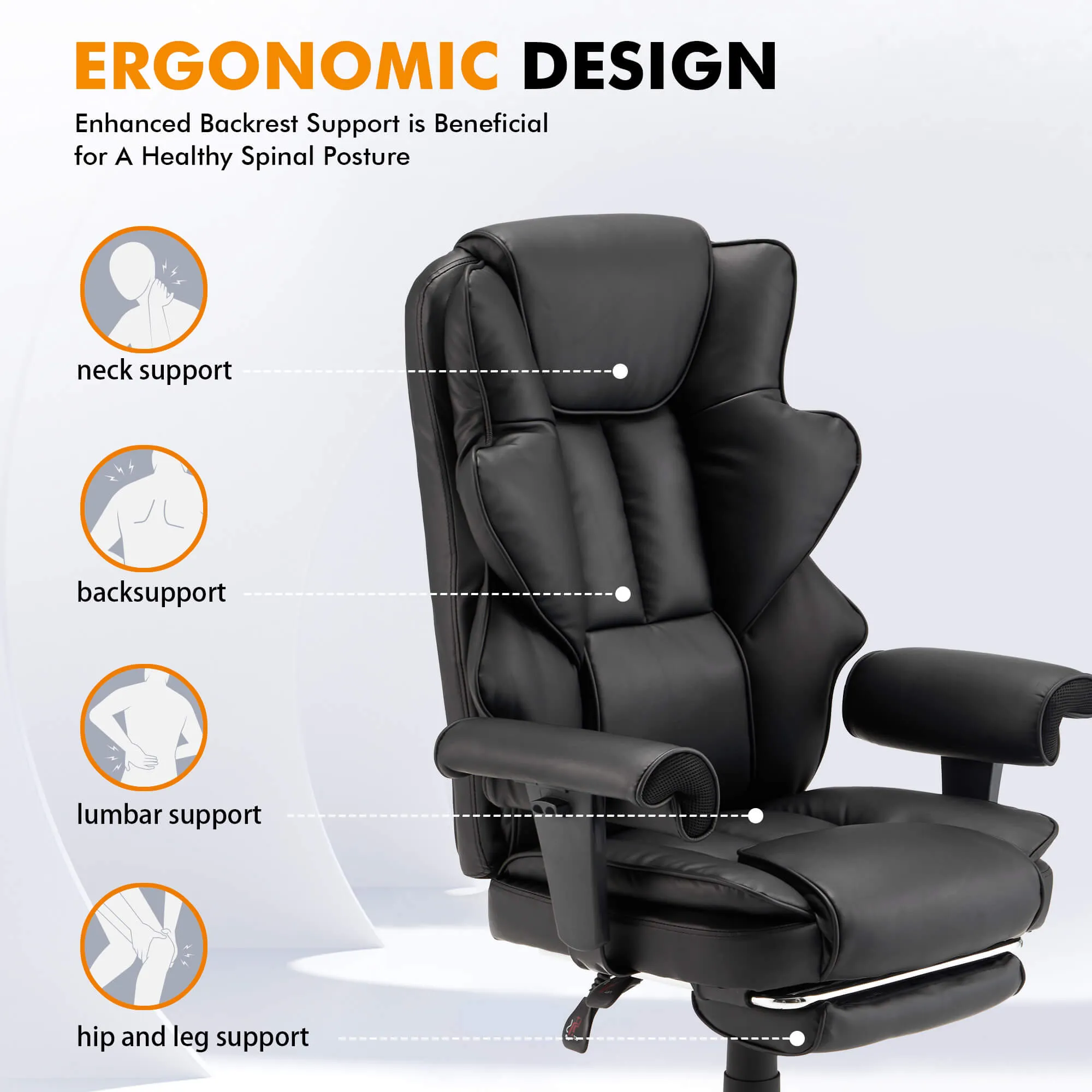 6-Point Massage Heat Ergonomic Reclining Office Chair with Footrest Black