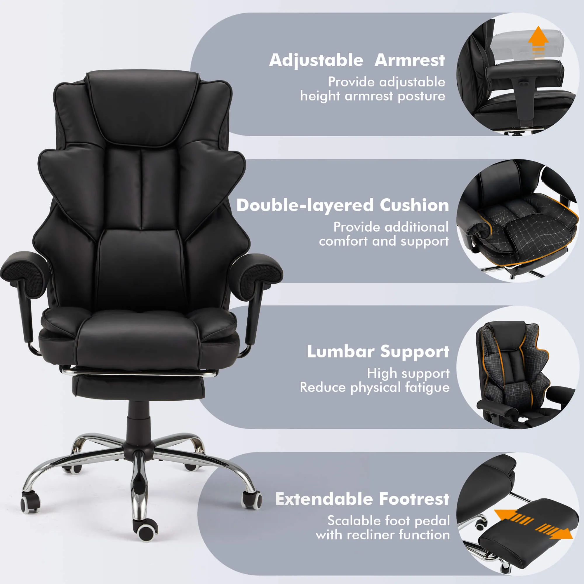 6-Point Massage Heat Ergonomic Reclining Office Chair with Footrest Black