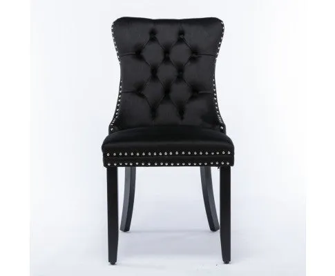 8x Velvet Dining Chairs Upholstered Tufted Kithcen Chair with Solid Wood Legs Stud Trim and Ring-Black