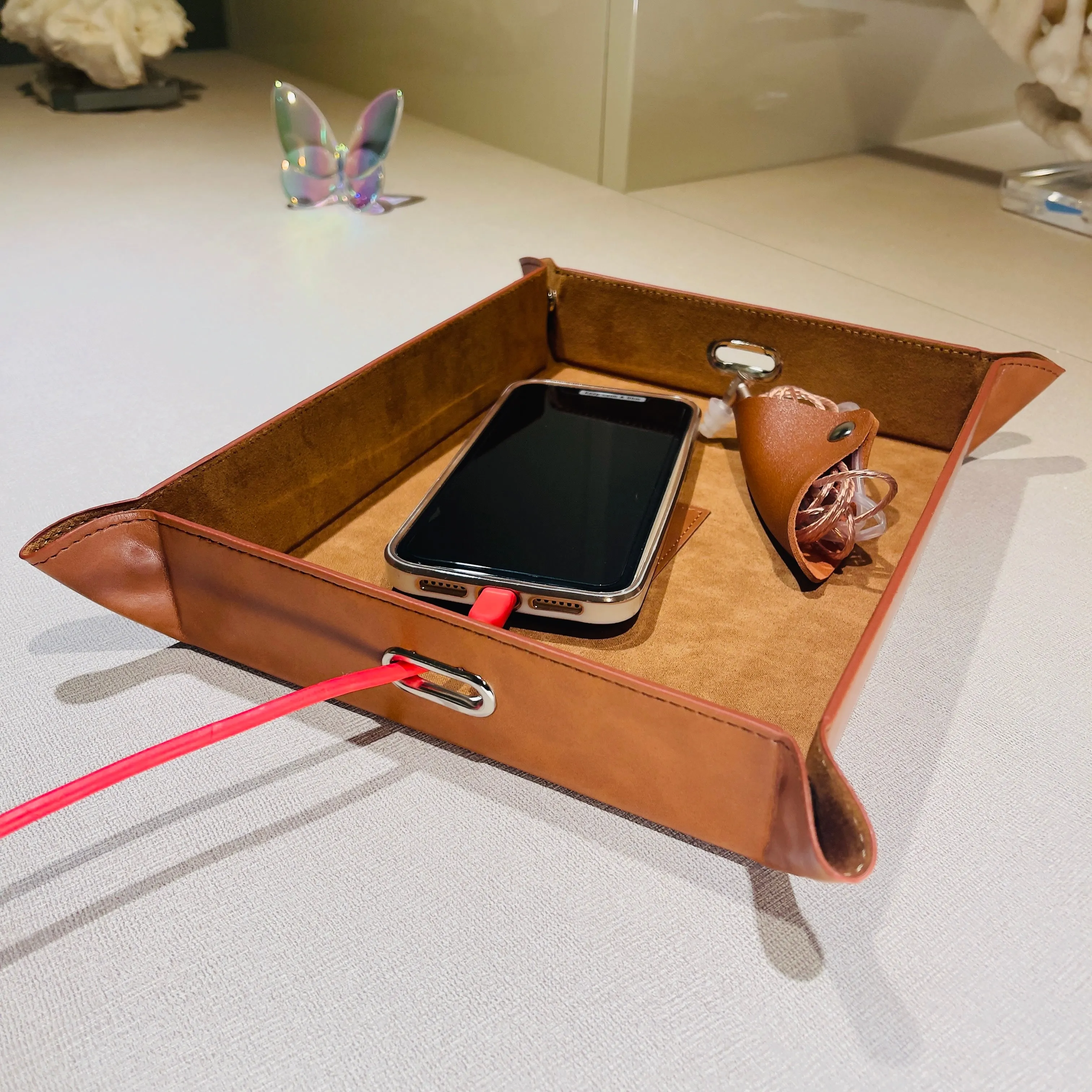 A Lovely Leather Basket Caddy To Charge Your Phone •Beautiful, Organized and Safe