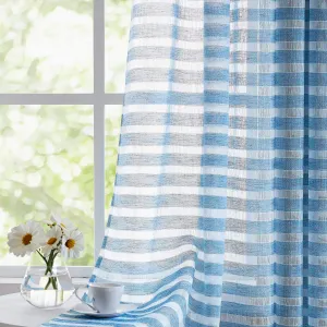 Aari Collection Embriodered Sheer Curtains, 35-40 % Light Filtering Curtains - Pack of 2 - Horizontal Weaves Blue