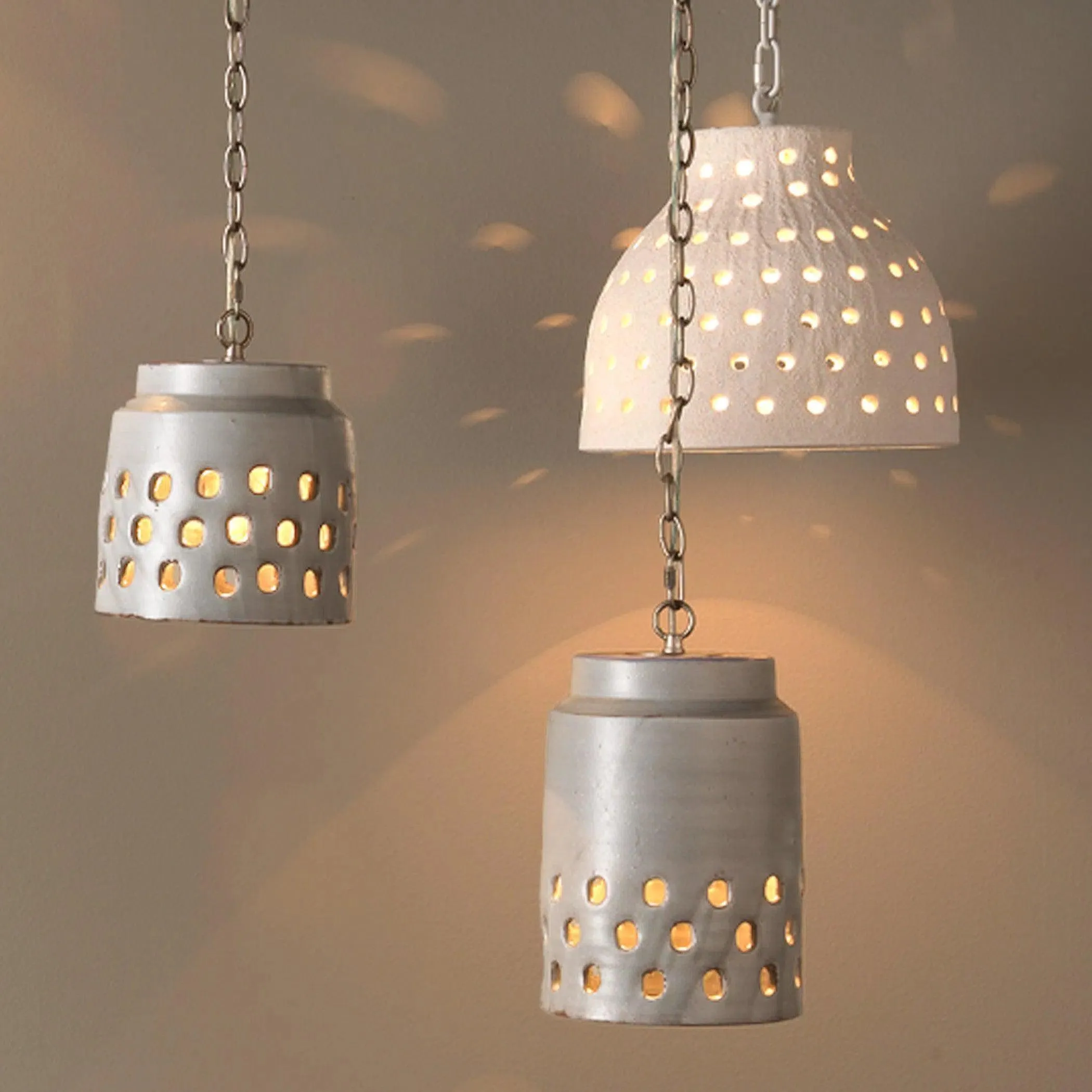 Coastal Style Grey Ceramic Tapered Perforated Pendant