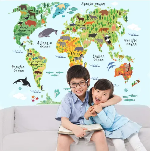 Colourful Animal World Map Wall Stickers