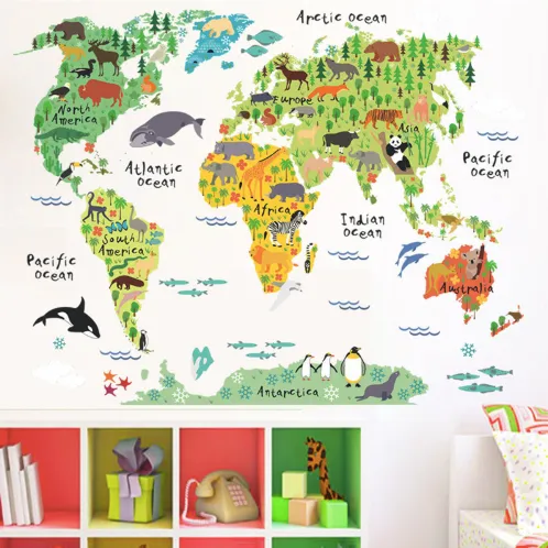 Colourful Animal World Map Wall Stickers