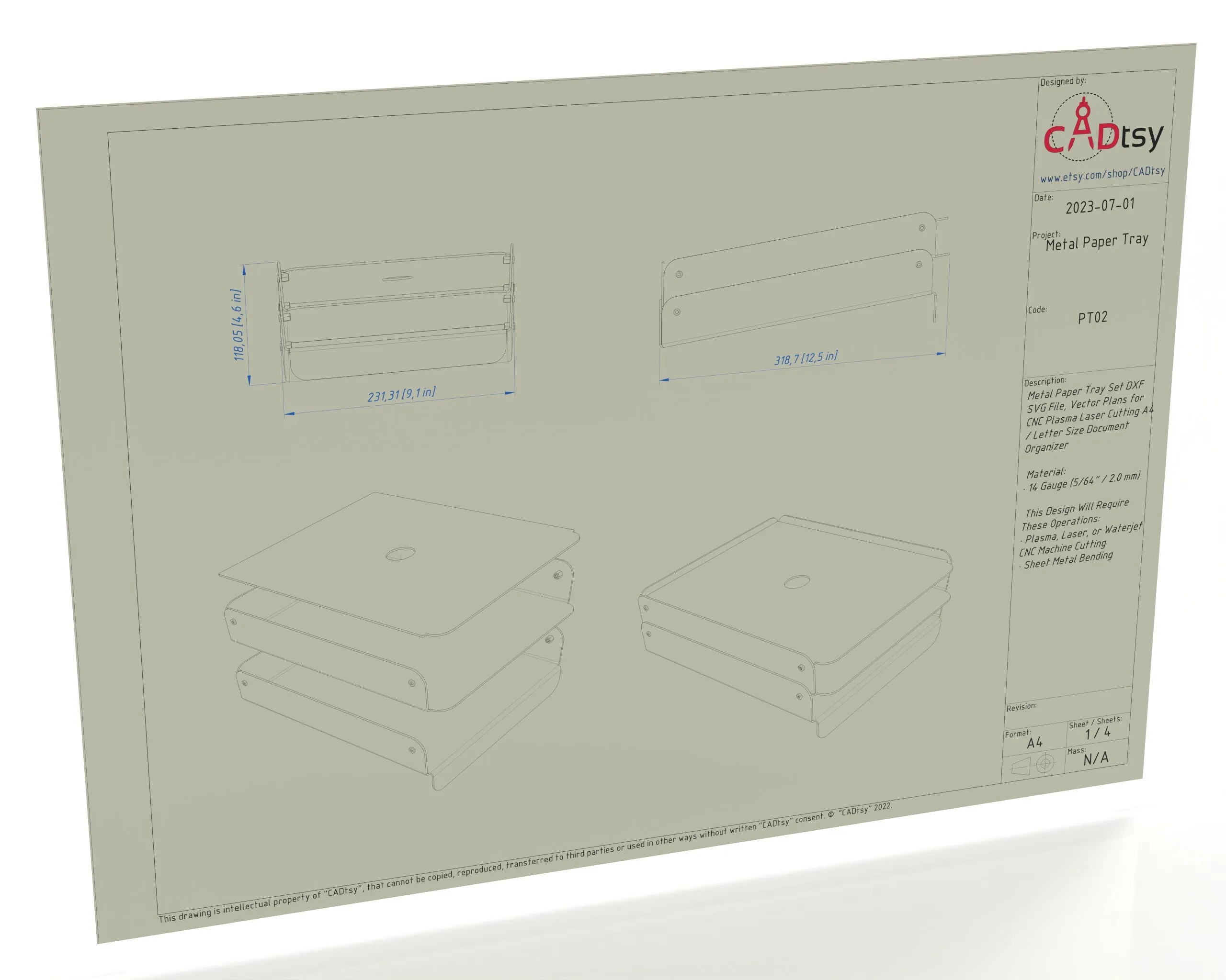 Metal Paper Tray DXF/SVG Files - CNC Laser/Plasma Cut, A4/Letter Stackable Organizer