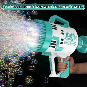 (NET) Bubble Gun 108 Holes Bubble Machine Gun Bubble Blower with Colorful Lights for Kids Adults  Summer Toys