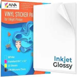 Printable Vinyl Sticker Paper for Inkjet Printer Glossy White 15 pcs Letter Size