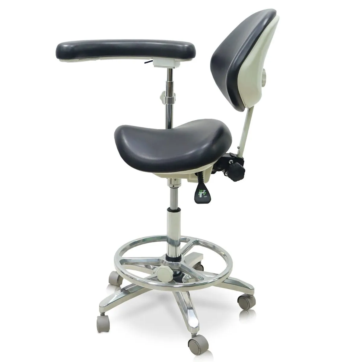 Saddle Style Dental Assistant Stool with Swing Arm and Footrest