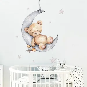 Teddy Bear Sleeping on the Moon and Stars Wall Stickers for Kids Room Baby Room Decoration Wall Decals Room Interior