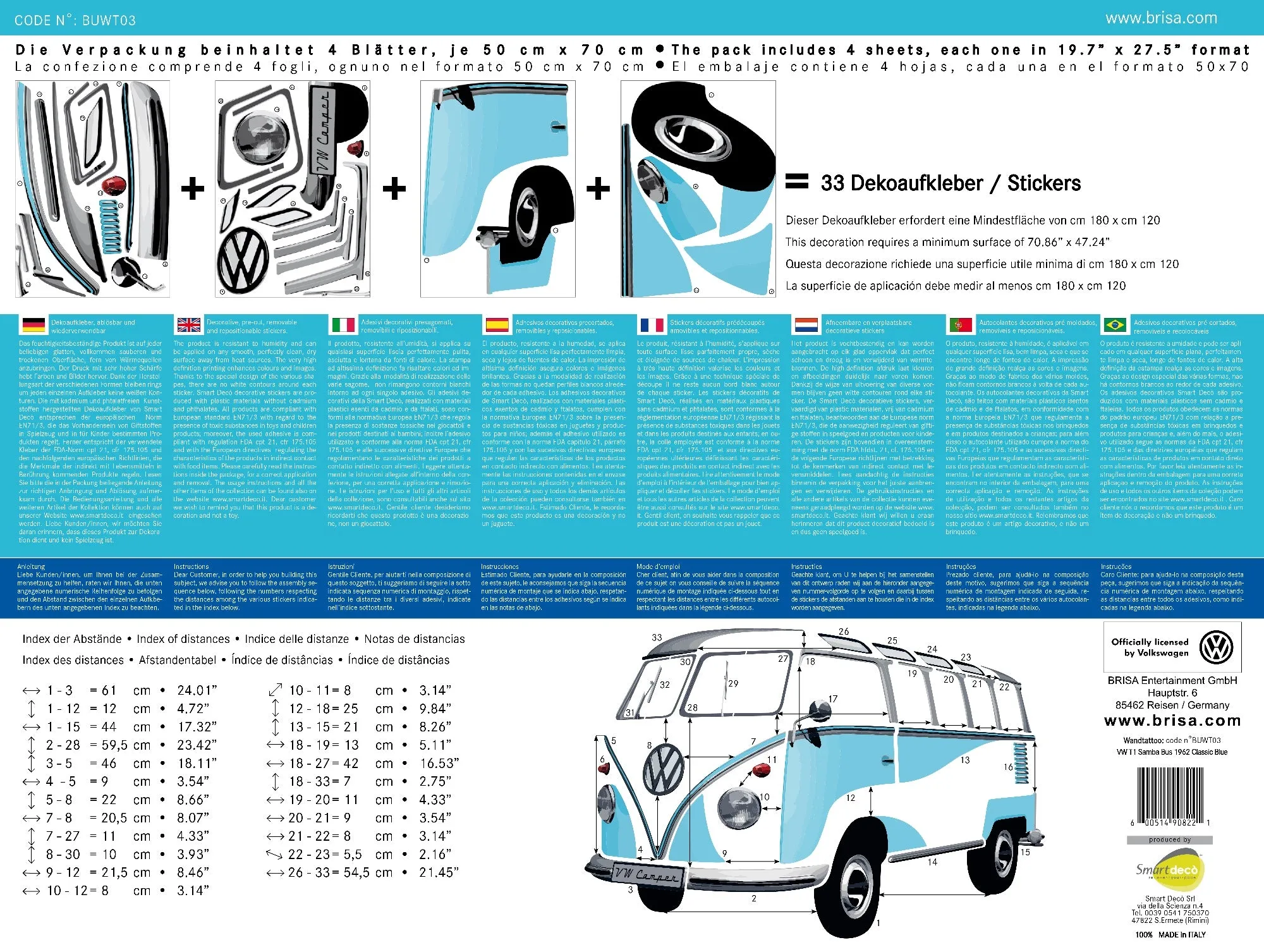 VW T1 Bus Wall Sticker / Tattoo - Classic Blue