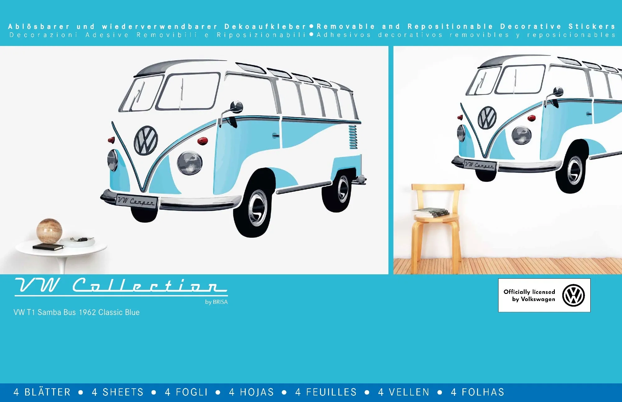 VW T1 Bus Wall Sticker / Tattoo - Classic Blue